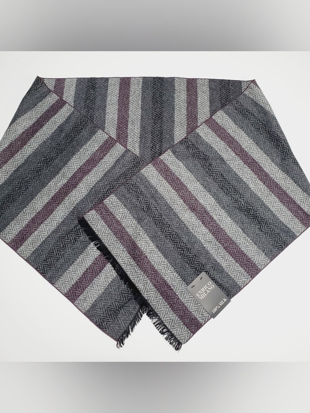 Enrico Milano Men's Silk Winter Scarf Gray & Burgundy Stripe Pattern 60x12.5"